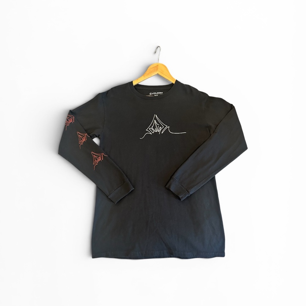 Volcom Black Long Sleeve Tee with White Chest Logo & Red Sleeve Accents